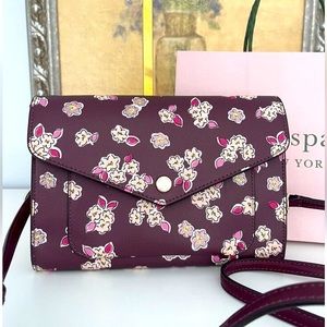 Kate Spade Tinsel Large Flap Crossbody Frosted Floral Glitter Deep Berry